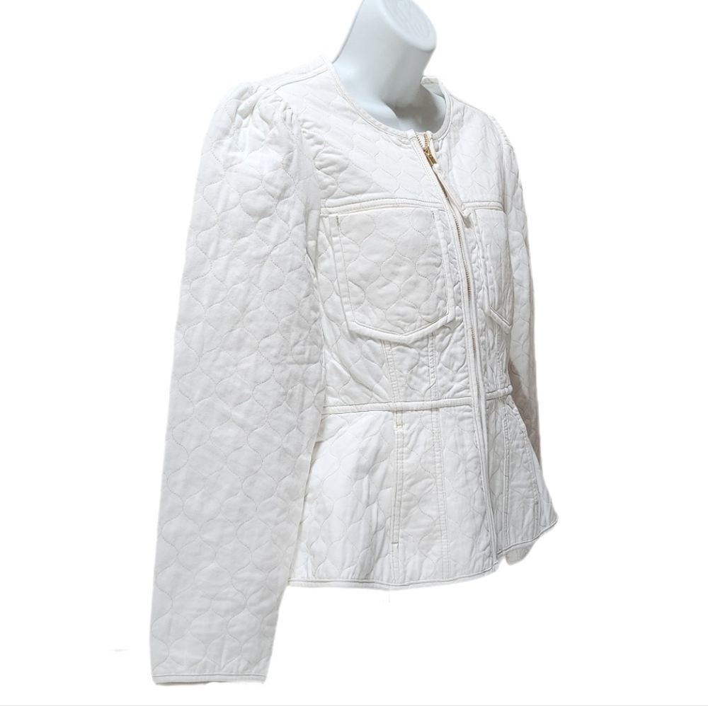 Democracy Quilted Denim Jacket Puff Long Sleeve Peplum Hem In Optic White Size S - Picture 5 of 12